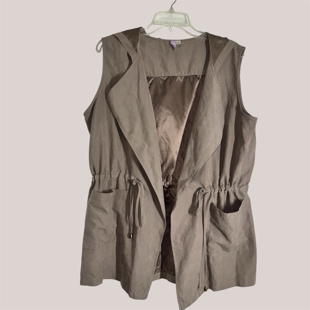 Alya Sleeveless Khaki Brown Open Front Vest with Drawstring and Drape Collar
